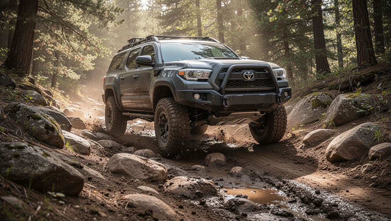 Ford Bronco 4-door model powers up a steep rocky off-road trail with mud and boulders, highlighting high ground clearance and dynamic action in natural sunlight filtering through trees.