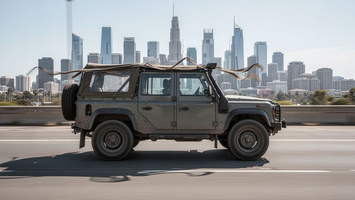 Realistic daytime photo of a Ford Bronco in side profile speeding along a paved highway, city skyline in the background, spare tire on rear, wind fluttering removable roof edges, capturing everyday on-road driving realities.