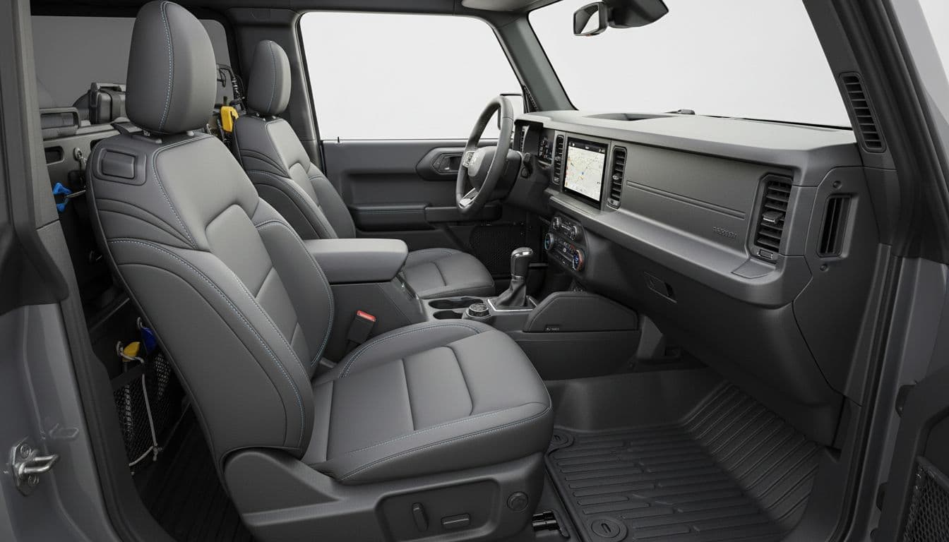 Side angle view of Ford Bronco interior cabin featuring 12-inch touchscreen dashboard, washable floors, gear storage compartments, marine-grade upholstery seats, and natural lighting for a clean, functional design.