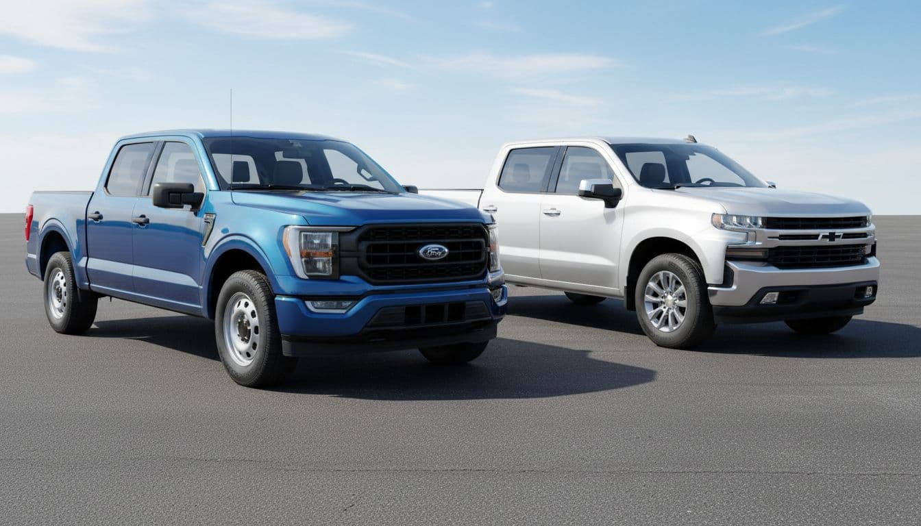 Photorealistic image of a blue 2026 Ford F-150 pickup truck parked next to a silver 2026 Chevy Silverado pickup truck on a sunny asphalt dealership lot, side-by-side front three-quarter view.