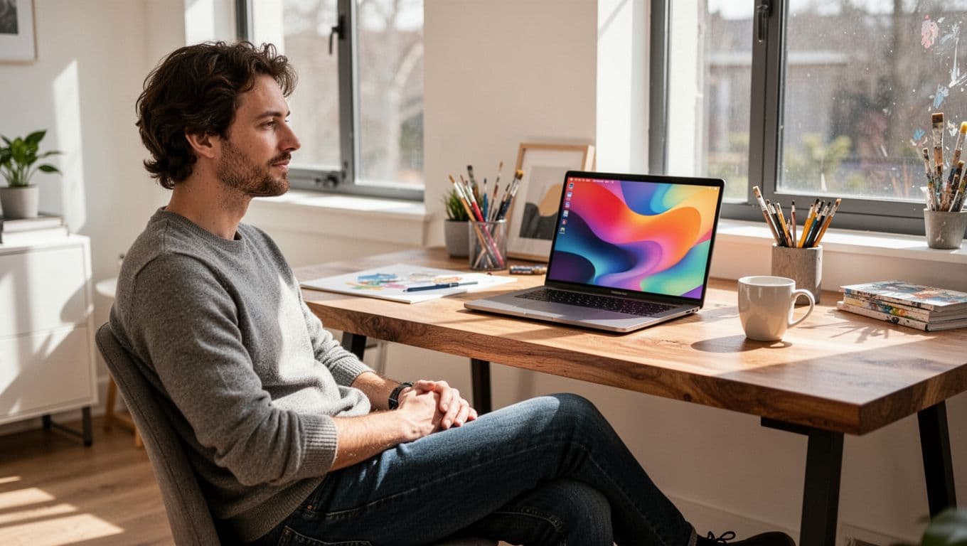 Freelance creative in bright modern home office at wooden desk with laptop showing colorful Kanban board and flexible task list, art supplies and coffee nearby, relaxed pose in natural daylight.