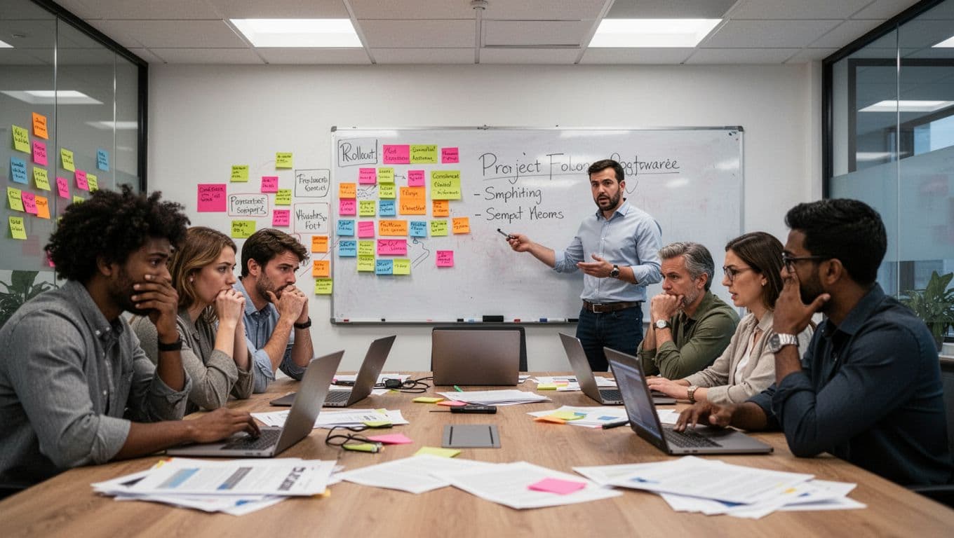 Diverse agency team of five in a meeting room displaying frustration from a failed project management software rollout, with mismatched sticky notes on the wall, manager at whiteboard, disorganized laptops, scattered papers, fluorescent office lighting, realistic style.