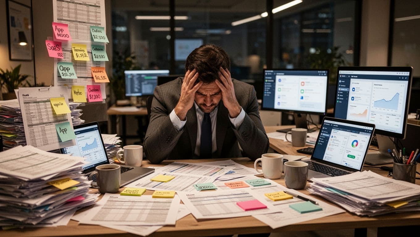 A stressed business professional sits at a cluttered desk overflowing with printed spreadsheets, sticky notes listing app names and costs, multiple open laptops displaying dashboards, and scattered coffee mugs in a modern office with warm dim lighting, head in hands expressing frustration.