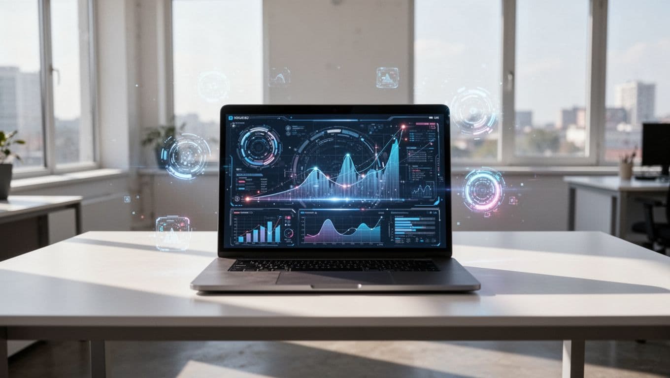 Laptop on a sleek modern desk in a bright office displaying a futuristic CRO dashboard with AI auto-optimization suggestions, server-side tracking privacy icons, multi-channel attribution graphs, and holographic elements.