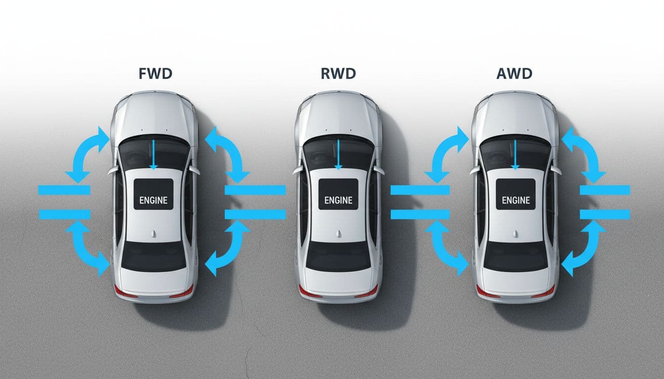 Top-down view of three sedans showing power distribution: left to front wheels (FWD), middle to rear wheels (RWD), right to all four wheels (AWD), with glowing blue arrows.