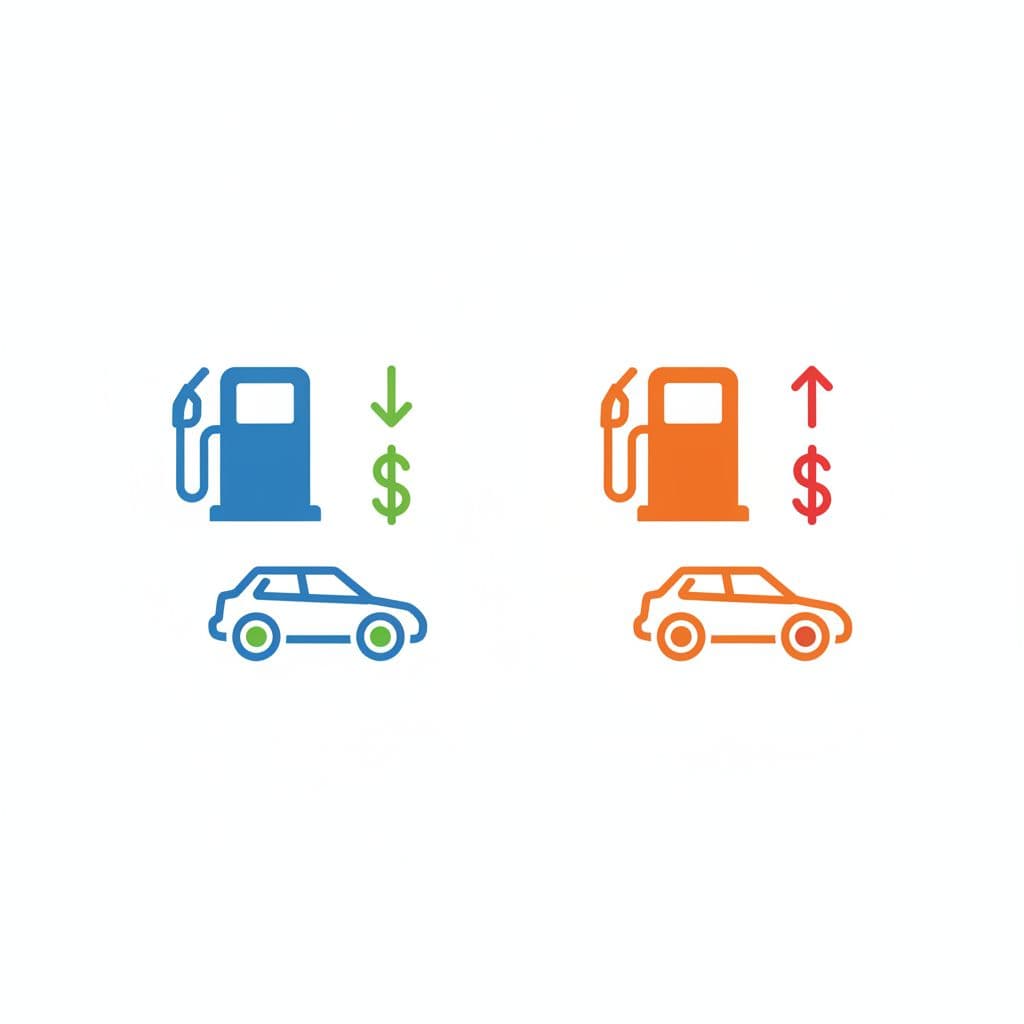 Side-by-side icons of a gas pump and dollar sign illustrating lower costs for FWD versus higher costs for AWD, in a simple infographic style on a white background.