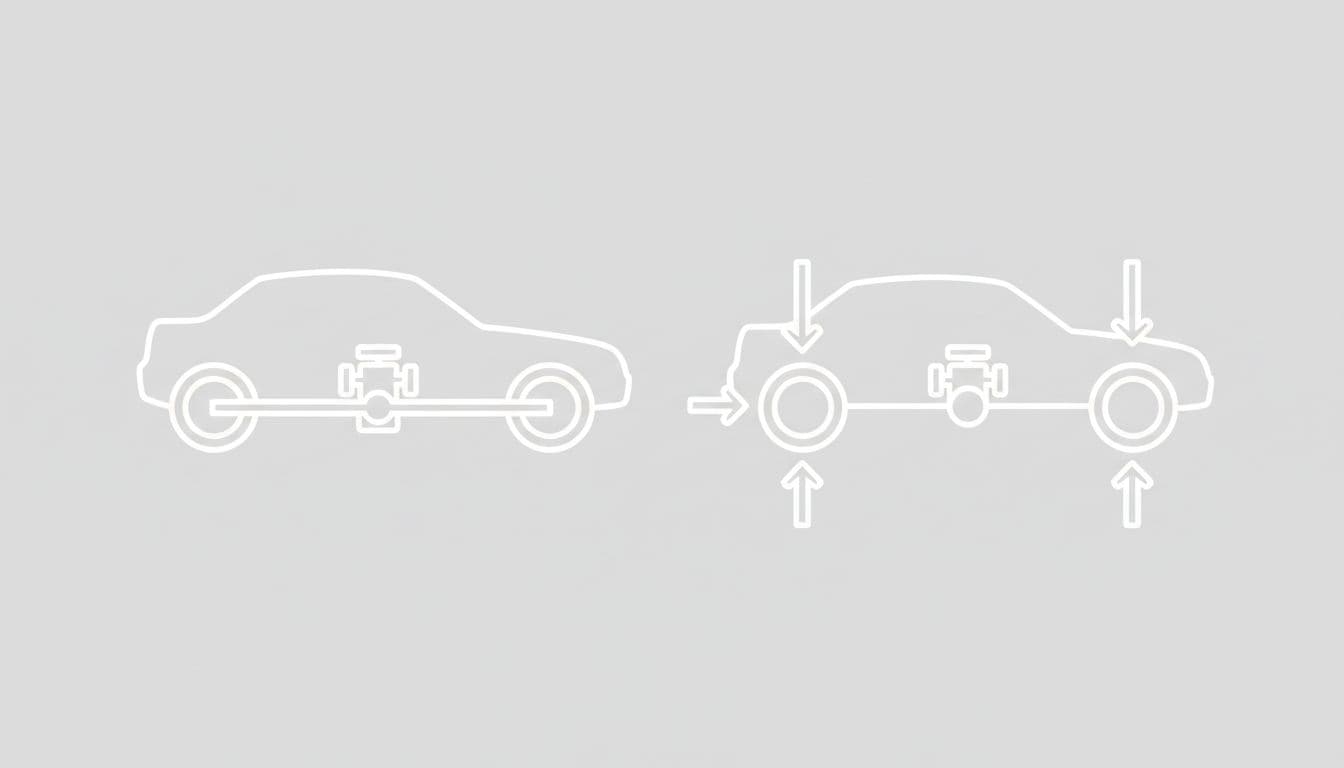 Clean technical diagram showing FWD car with power to front wheels only and AWD car with power to all four wheels, side-by-side in simple line art style with arrows for power flow.