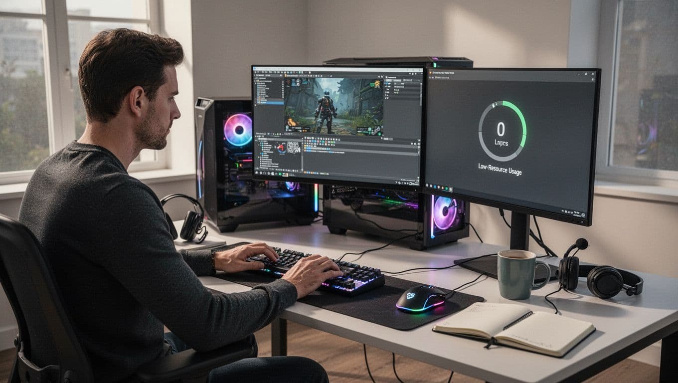 High-end gaming PC desk setup in a modern office shows dual monitors displaying game development software and a simple antivirus status with low resource usage. A single focused professional works at the desk surrounded by mechanical keyboard, RGB mouse, headset, coffee mug, notebook, and natural window light.