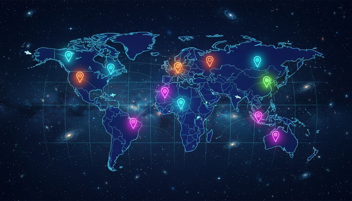 Stylized world map in space theme featuring glowing pins for server data centers in major US cities like New York, Dallas, Los Angeles, Europe, and Asia, with small spaceship icons approaching pins on a starry galaxy background in vibrant neon colors and clean vector graphics.