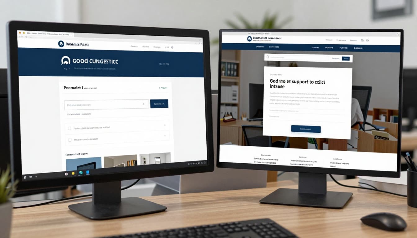 Split view of effective versus cluttered law firm website templates on two computer screens, left side clear with contact form and navigation, right side pretty but hiding calls to action, neutral office desk.