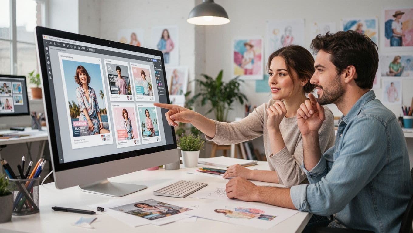 Two graphic designers in a bright creative studio seated at a desk, reviewing print ad mockups on a large angled monitor screen; one points loosely while the other nods, with stylus and sketches nearby under soft lighting.
