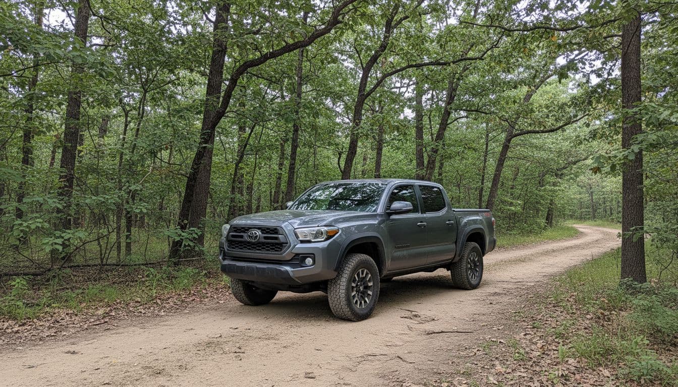 A gray 2019 Toyota Tacoma pickup truck parked on a dirt road near woods, captured in a realistic three-quarter front view under overcast daylight, highlighting its rugged midsize design.