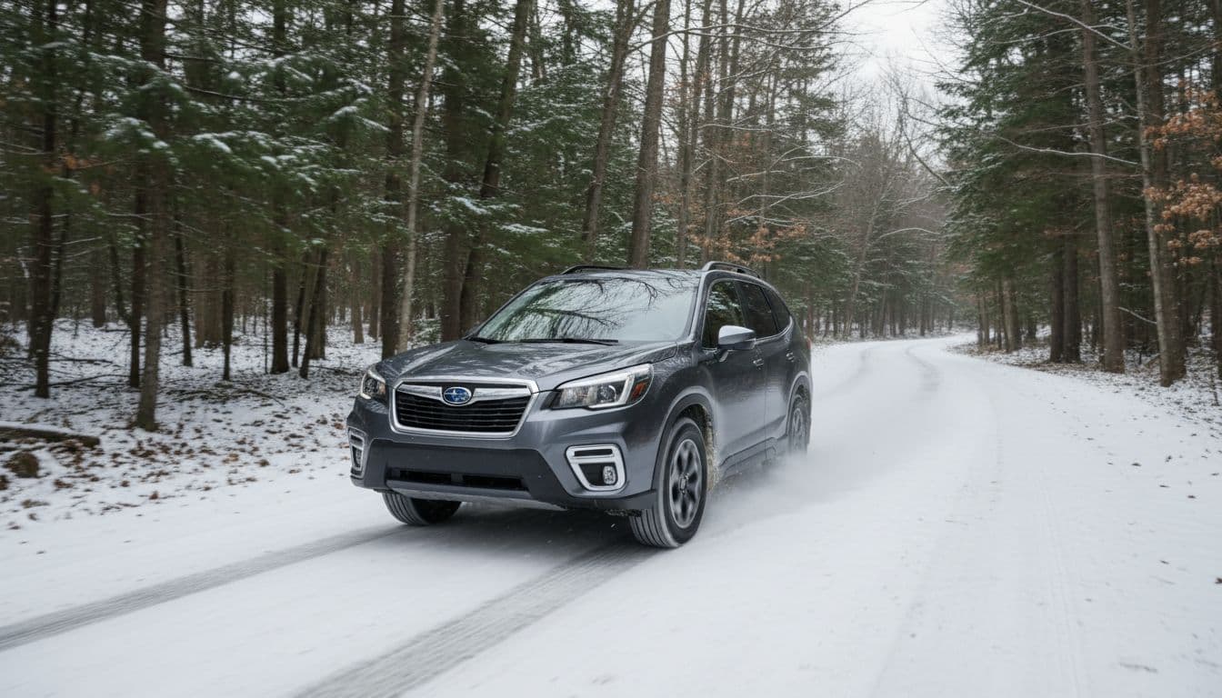 Gray 2020 Subaru Forester SUV driving on light snow-covered forest road, all-wheel drive tires gripping snow, overcast winter day, realistic landscape action photo.