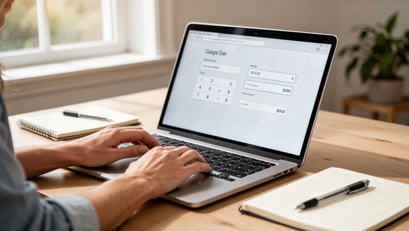Hands typing on a laptop keyboard in a bright home office, screen showing blurred calculator form fields for car lease vs buy, notebook and pen nearby, natural light.