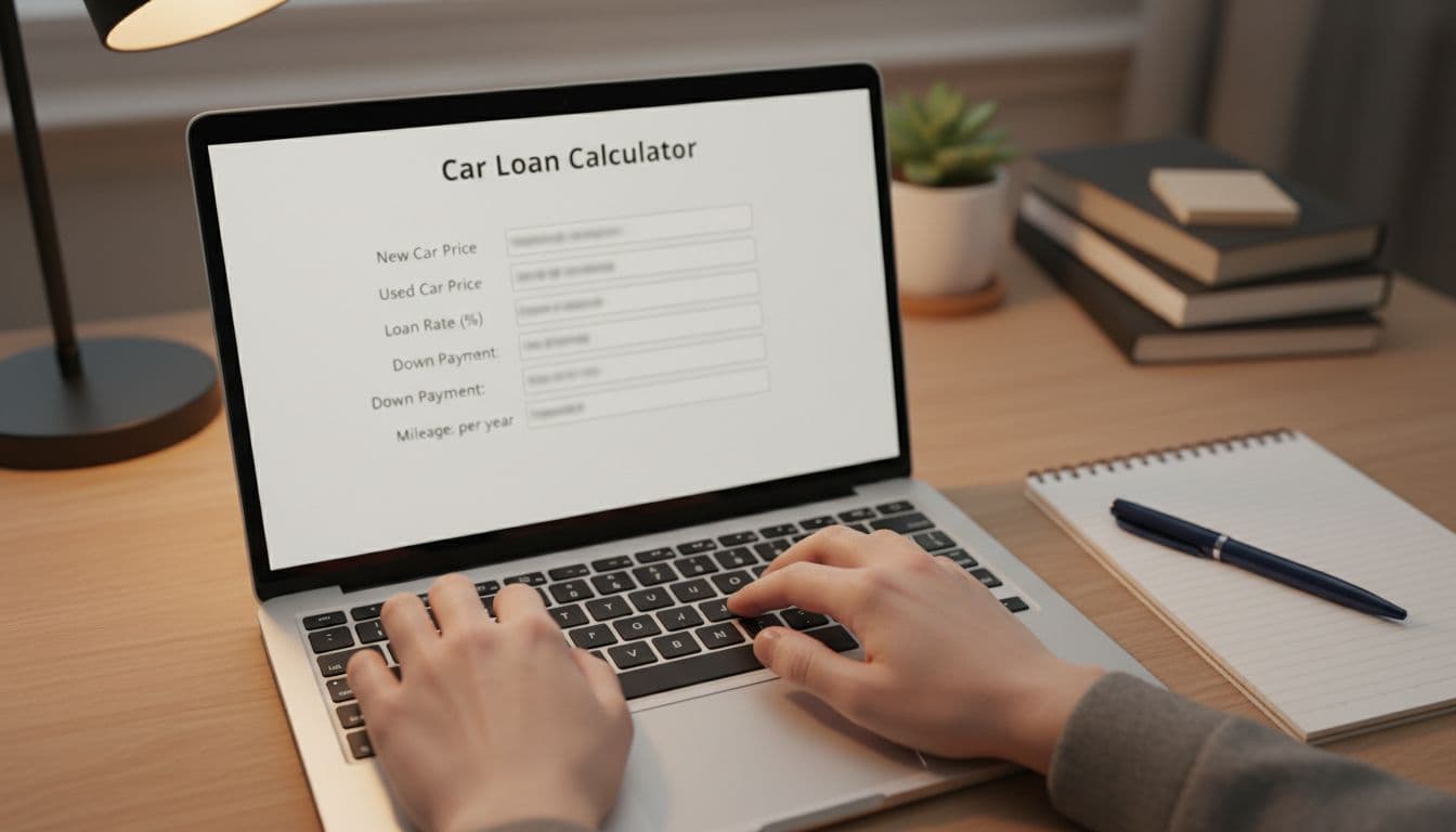 Top-down realistic photo of hands on a laptop keyboard inputting data into a new vs used car calculator form with blurred fields for price, loan rate, and mileage, in a home office setting with notepad and pen nearby, warm indoor lighting.