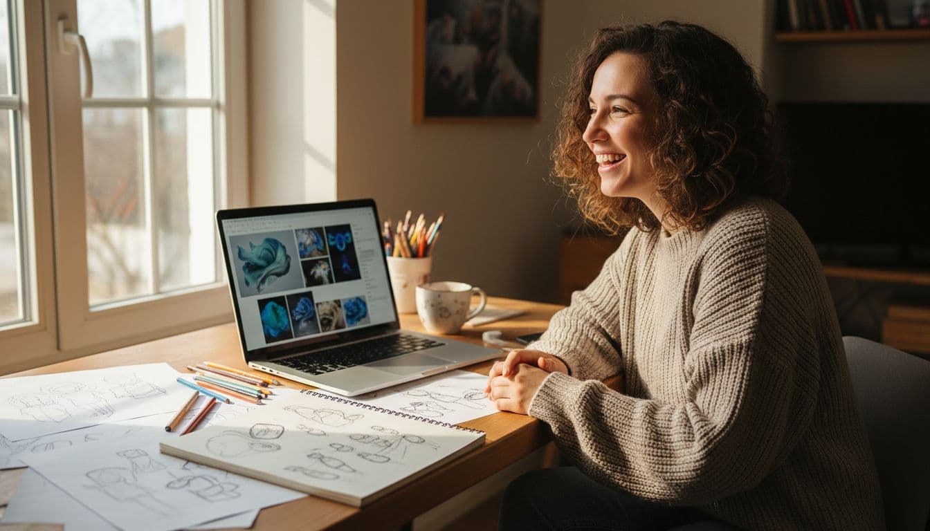 A smiling hobby artist relaxes at a cozy home studio desk setup, viewing subtle AI-generated art previews on an angled laptop screen, surrounded by hand sketches, pencils, and notepad under natural warm daylight.