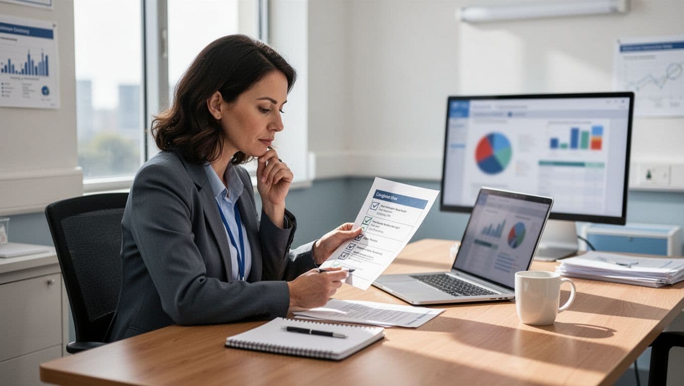 A healthcare administrator in a bright modern hospital office sits at a wooden desk, thoughtfully reviewing a printed checklist and a laptop screen with blurred project management software comparison charts. A notepad and coffee mug are nearby, illuminated by natural window light.