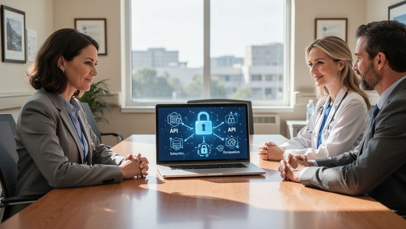 Healthcare IT administrator and compliance specialist at a conference table in a bright hospital office, reviewing laptop icons for security locks, API connections, and data encryption in project management software integration.