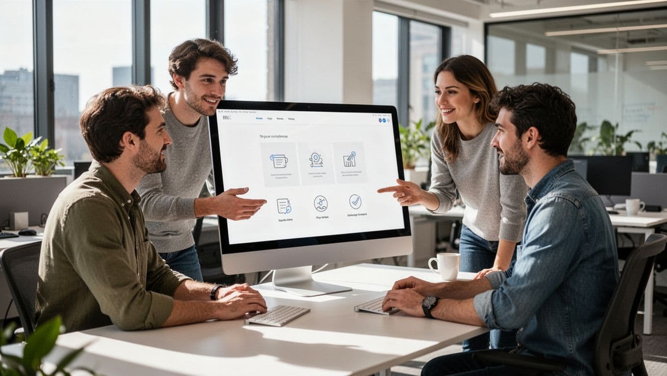 A team of three web developers in a bright agency office collaborates around a large screen displaying a healthcare website wireframe with privacy badges, lit by natural daylight in a modern realistic style.
