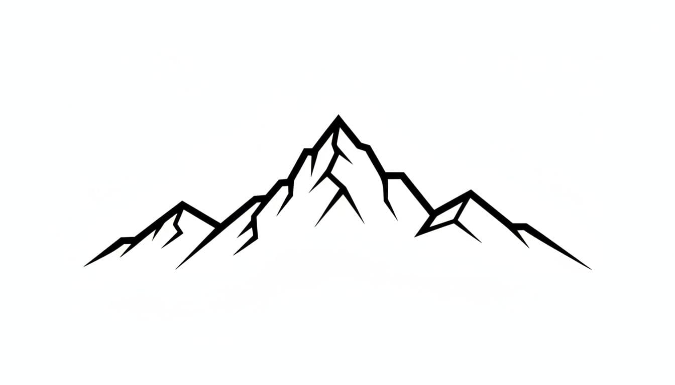 A simple high-contrast black line drawing of a mountain landscape on a white background, featuring sharp clean edges, one focal subject, minimal details, and vector style illustration.