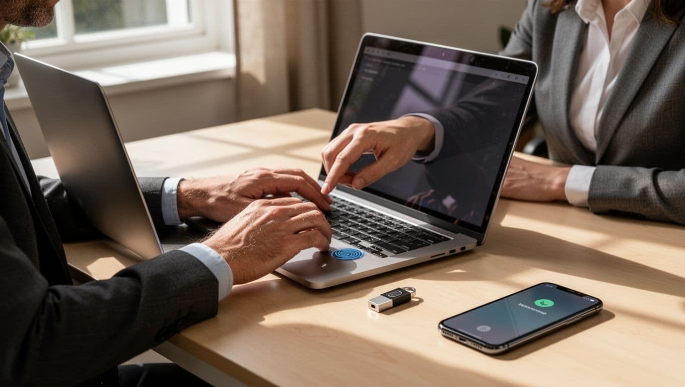 Professional user in home office authenticates via biometric fingerprint scanner on laptop, security key nearby, phone receives push notification, realistic photo with soft natural light.