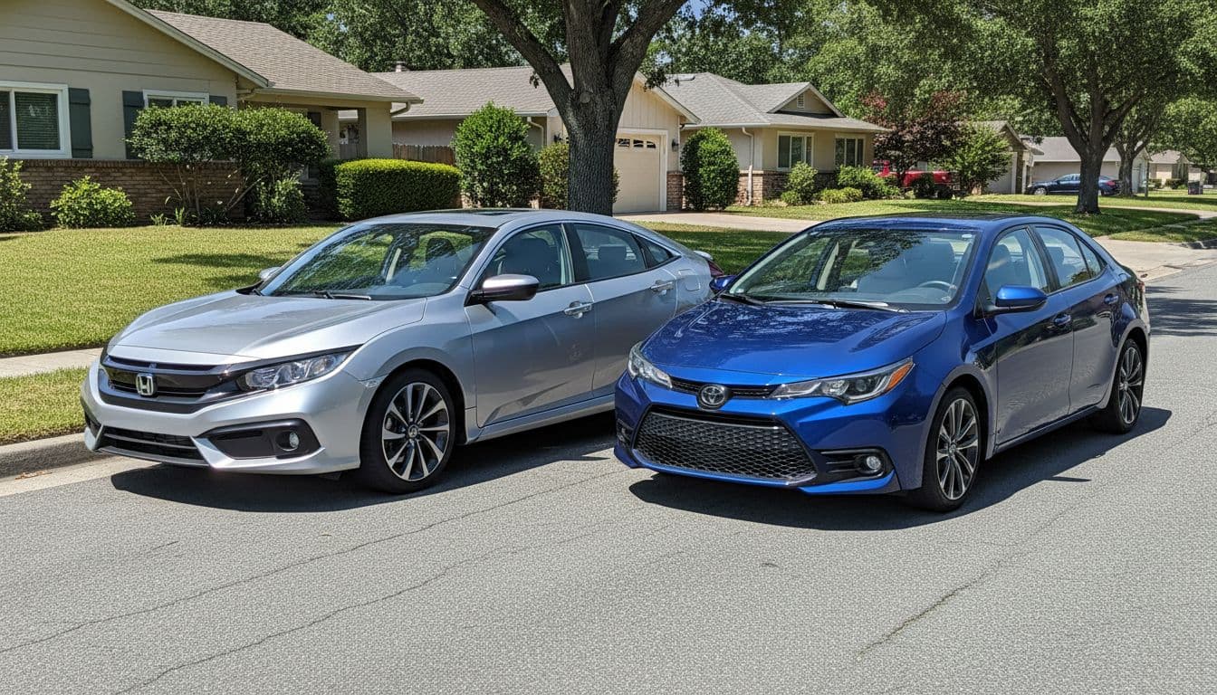 Silver Honda Civic and blue Toyota Corolla compact sedans parked side by side on a suburban street in daytime, front three-quarter profile view, realistic photo in bright sunlight, exactly two cars only.