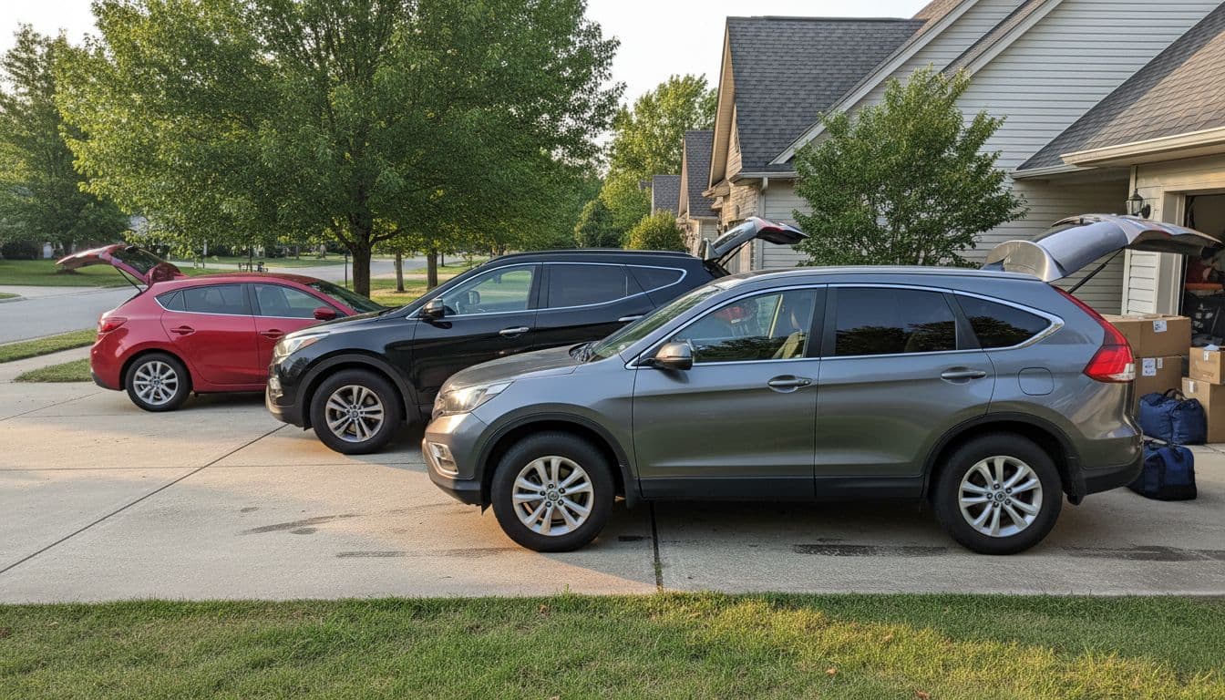 Side profile of gray Honda CR-V, black Hyundai Santa Fe, and red Mazda3 Hatchback parked in suburban driveway, emphasizing cargo space and higher seating under soft afternoon sunlight. Photorealistic scene with exactly three vehicles, no people or branding.