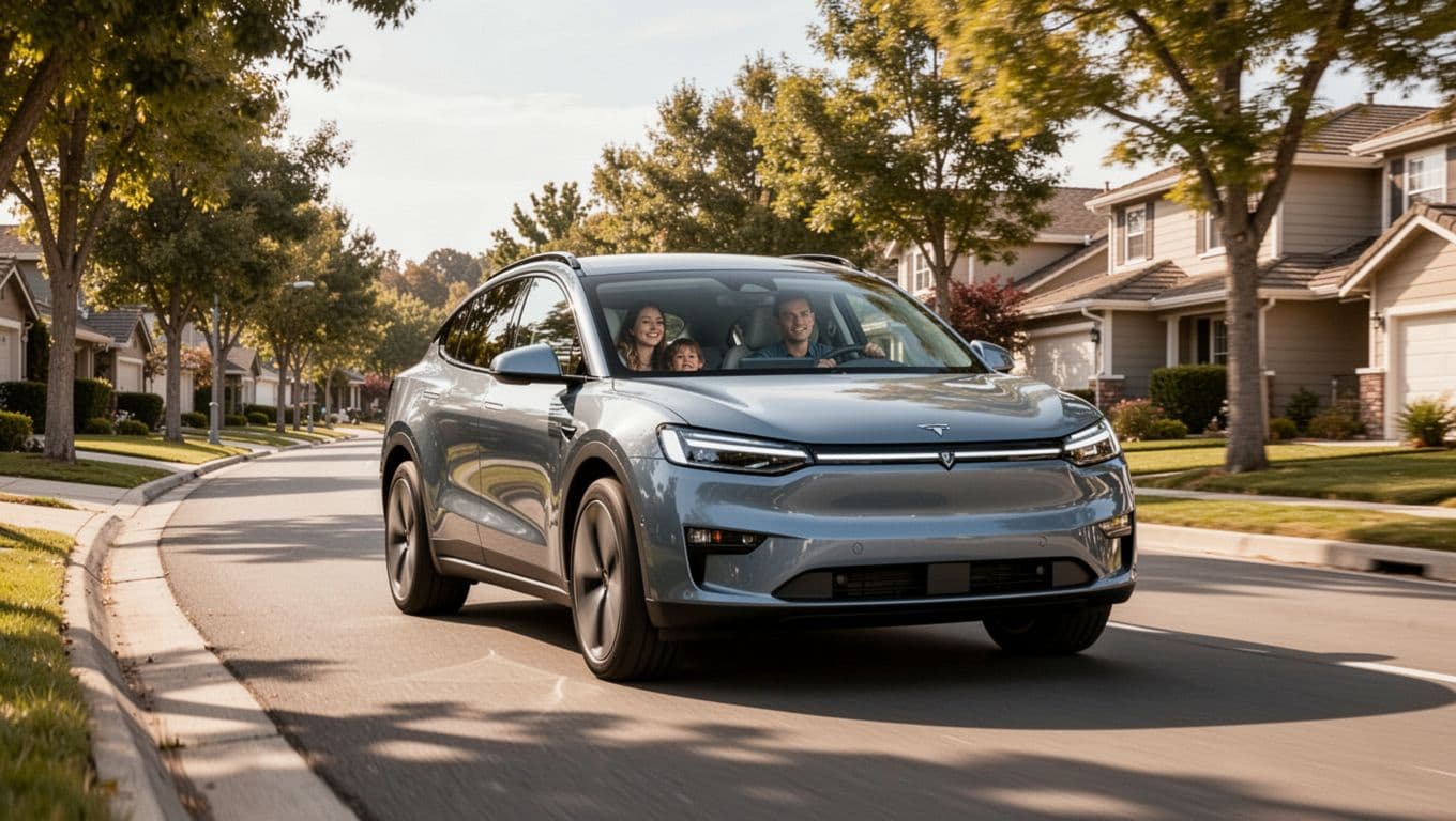 Honda Prologue electric SUV driving smoothly on a suburban road during daytime, with a family visible inside through the windows, captured in realistic photo style with soft natural lighting.