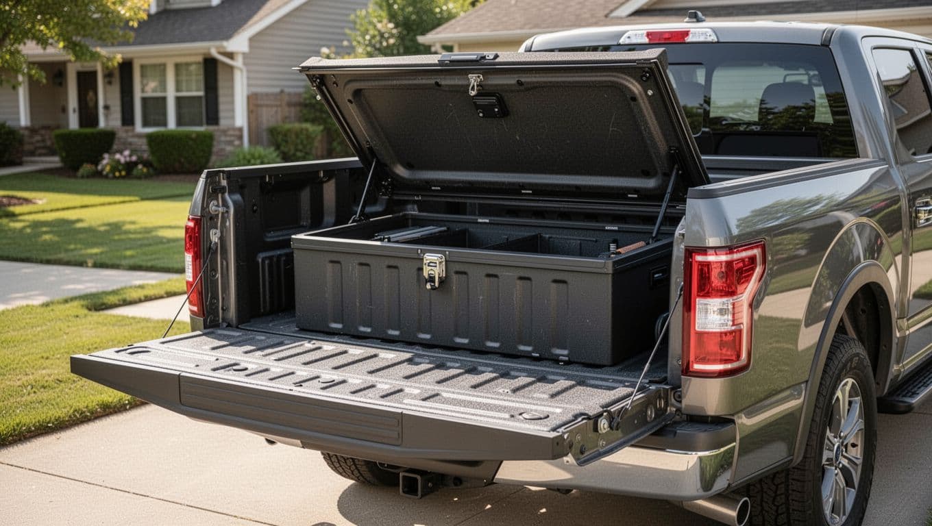 Close-up of the open Honda Ridgeline truck bed with dual-action tailgate swung sideways and lockable in-bed trunk lid lifted, revealing storage space in a daytime driveway.