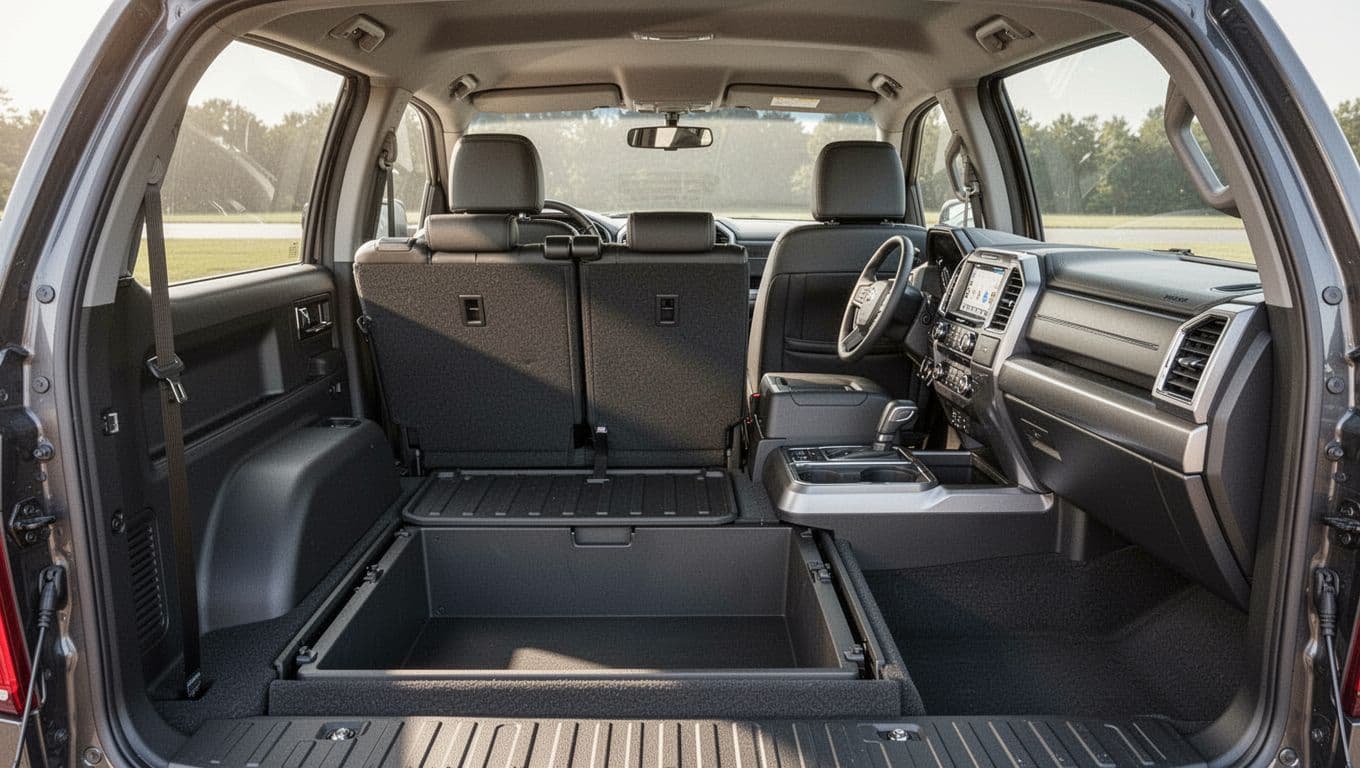 Interior view of Honda Ridgeline cabin with spacious rear seats flipped up against the wall, revealing under-seat storage, front seats and dashboard visible in a clean, well-lit daytime setting.