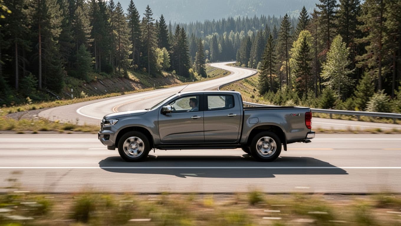 Honda Ridgeline truck driving smoothly on a paved highway with gentle curves and forested background, side profile action shot emphasizing SUV-like ride comfort in realistic photography style.