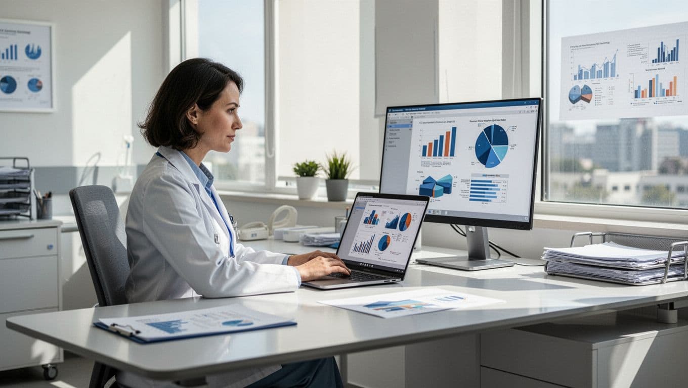 Hospital administrator in modern clinic office relaxes with hands on keyboard while viewing project management software dashboard on laptop, featuring abstract Gantt charts and progress visuals for regulatory compliance project under bright natural window light.