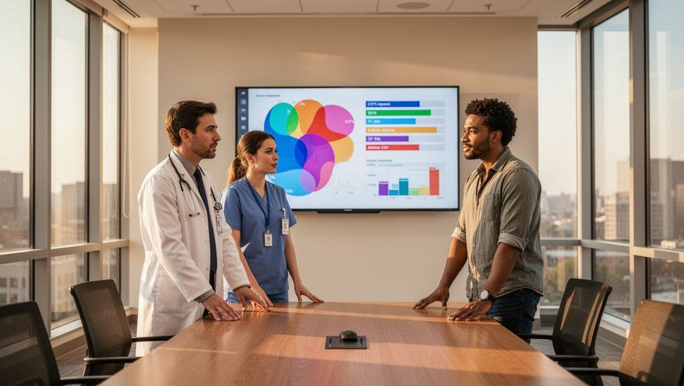 Bright modern hospital conference room with a doctor, nurse, and IT specialist gathered around a large shared screen displaying a real-time project dashboard for medical equipment installation, featuring colorful charts and progress bars.