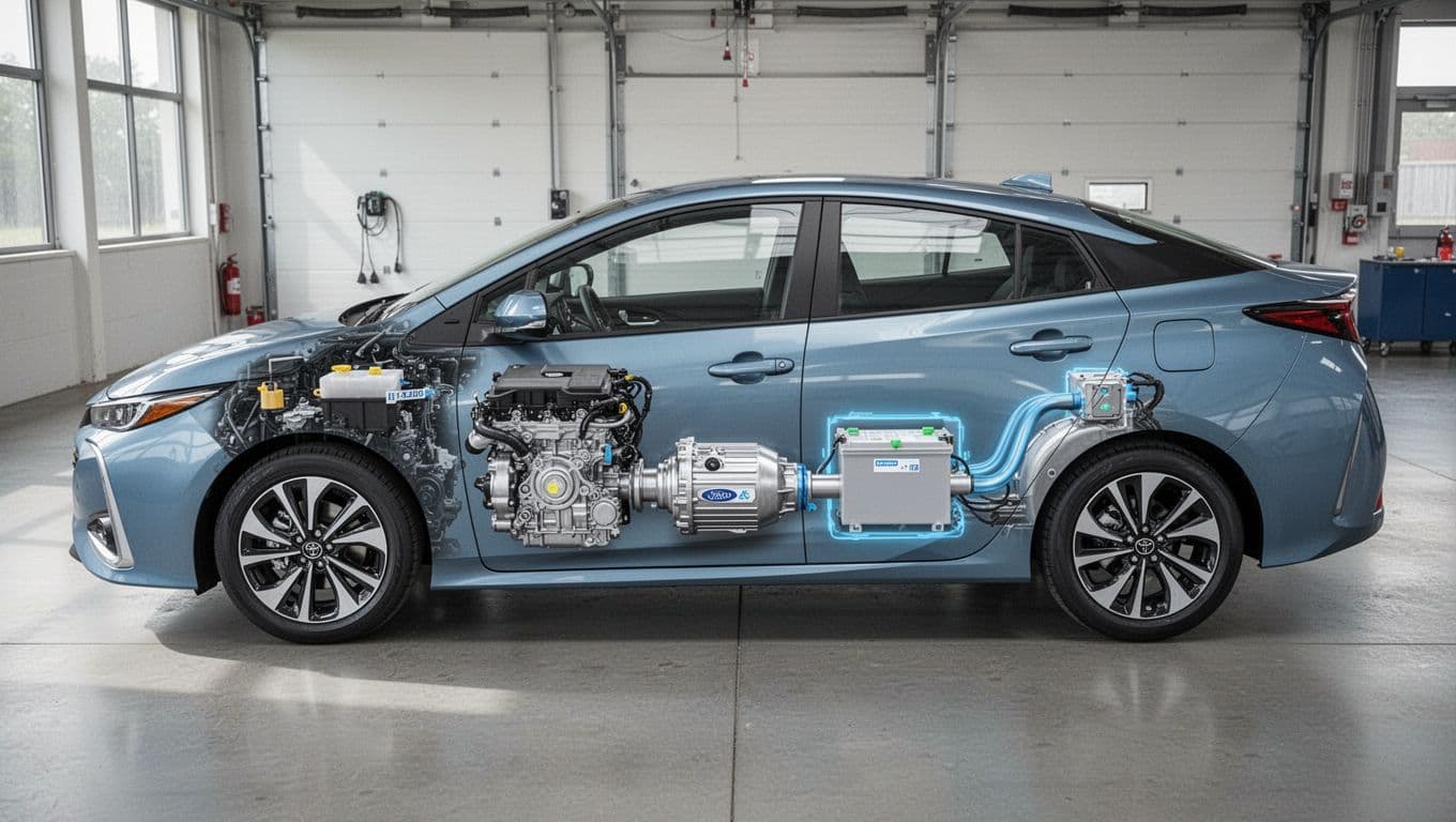 A modern hybrid car dashboard and engine bay visible, showing gas engine next to electric motor and small battery pack in a clean garage setting, side view composition, realistic style with bright natural lighting, exactly one car, no people, no text, no logos, no extra vehicles.