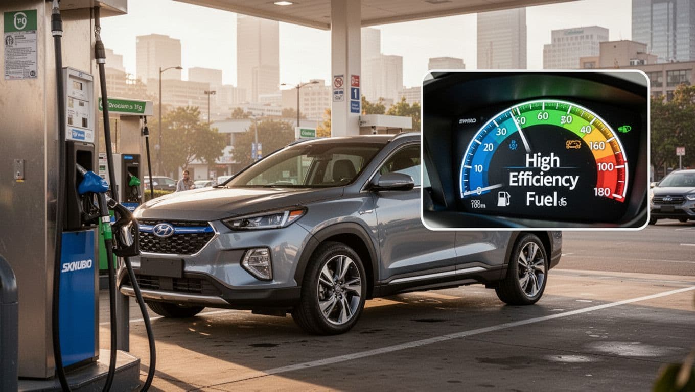 Modern hybrid crossover at a gas station pump displaying high efficiency on the fuel gauge inset from the dashboard, in an urban family car setting with soft morning light.