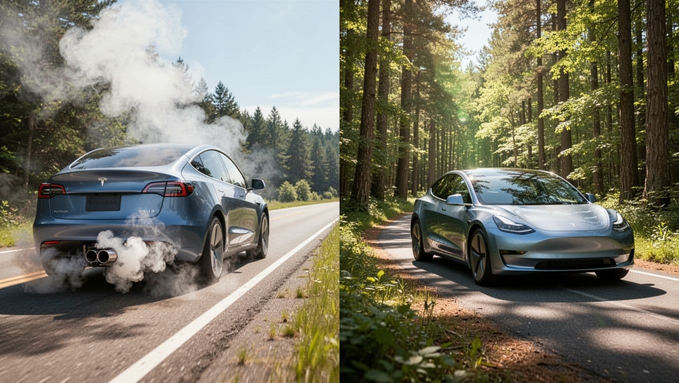 Split landscape scene showing a hybrid car emitting smoke from its tailpipe on a road on the left, contrasted with a clean electric car driving through a pristine forest with zero emissions on the right, in realistic style on a sunny day.