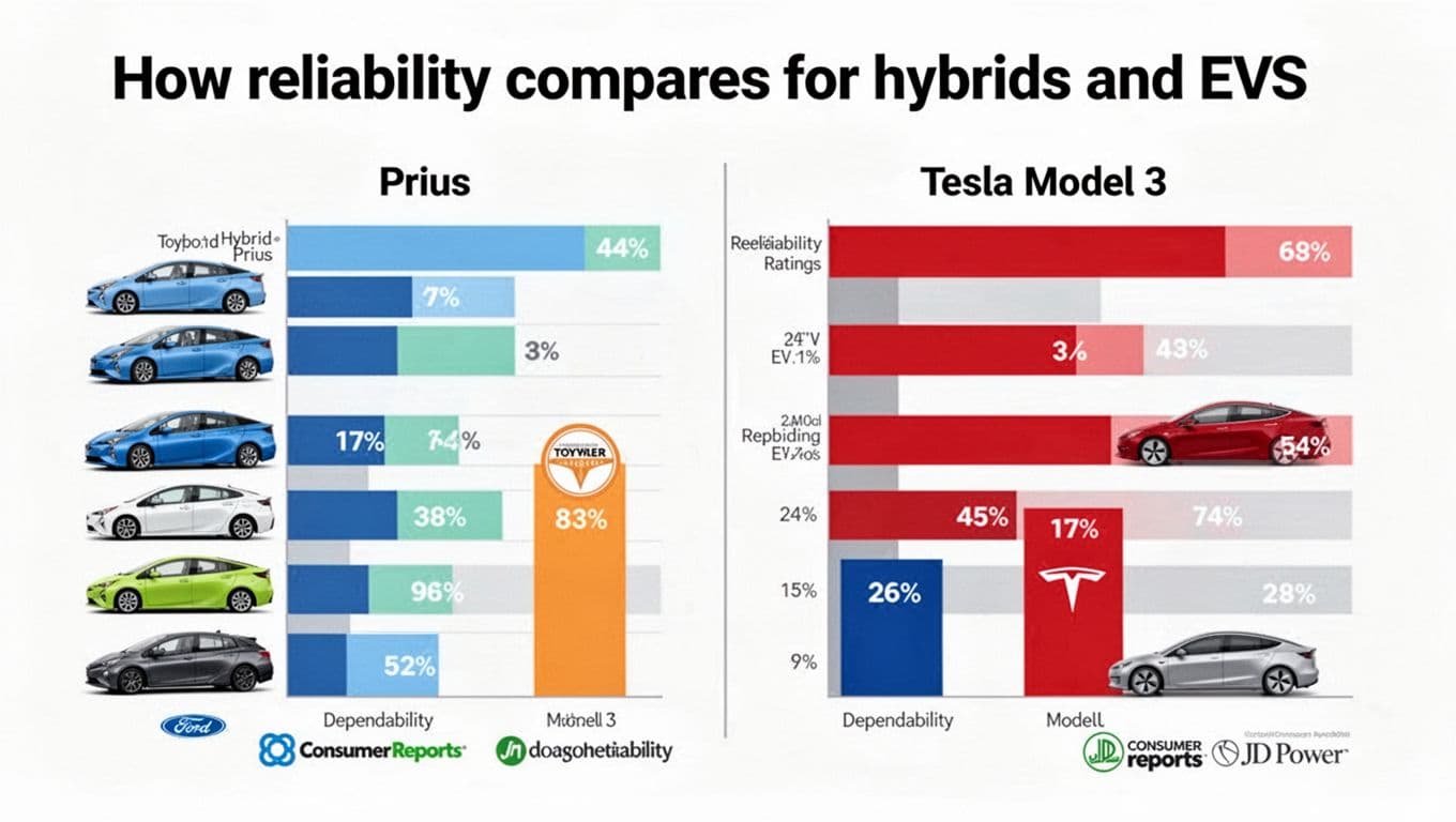 Infographic bar chart comparing dependability scores of popular hybrids like Toyota Prius and EVs like Tesla Model 3 from Consumer Reports and JD Power, in a clean modern design on white background with bright colors.