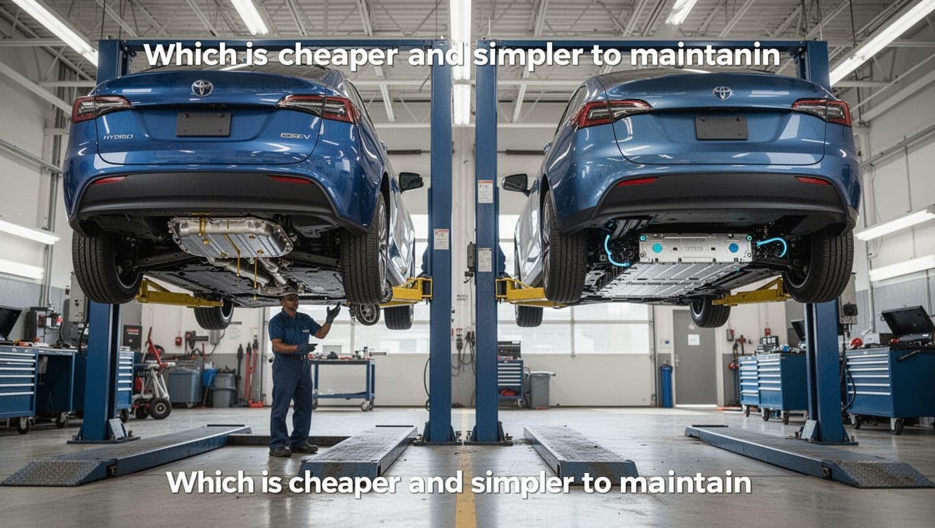 In a clean auto shop, hybrid and EV undercarriages are compared side by side on lifts under natural overhead lighting. The hybrid displays engine oil pan and brakes, while the EV shows battery pack and regenerative brakes; realistic photo with no people visible from the back.