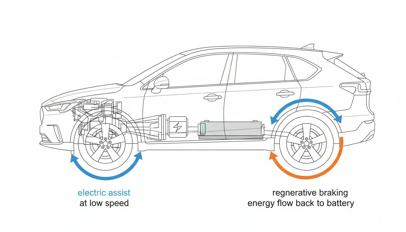 Cutaway side view of a modern hybrid SUV showing the gas engine, electric motor, underfloor battery pack, wheels with blue arrows indicating electric assist at low speeds, and orange arrows showing regenerative braking energy flow back to the battery, in a simple infographic style with clean lines and bright daylight lighting on a white background.