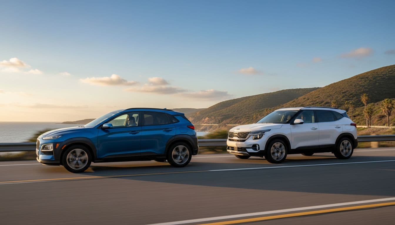 Hyundai Kona and Kia Seltos driving on a winding highway during golden hour, side profile view showing motion with slight wheel blur, clear blue sky, focusing on vehicle dynamics.
