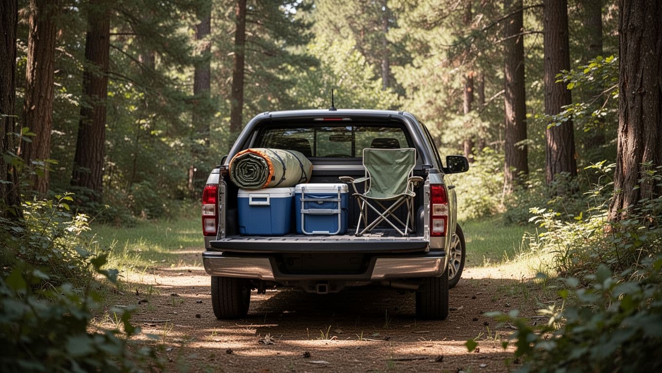 Hyundai Santa Cruz compact pickup with open bed packed with tent, cooler, and chairs, parked in a daytime forest clearing under natural sunlight. Realistic photo highlighting practical bed utility for weekend adventures.