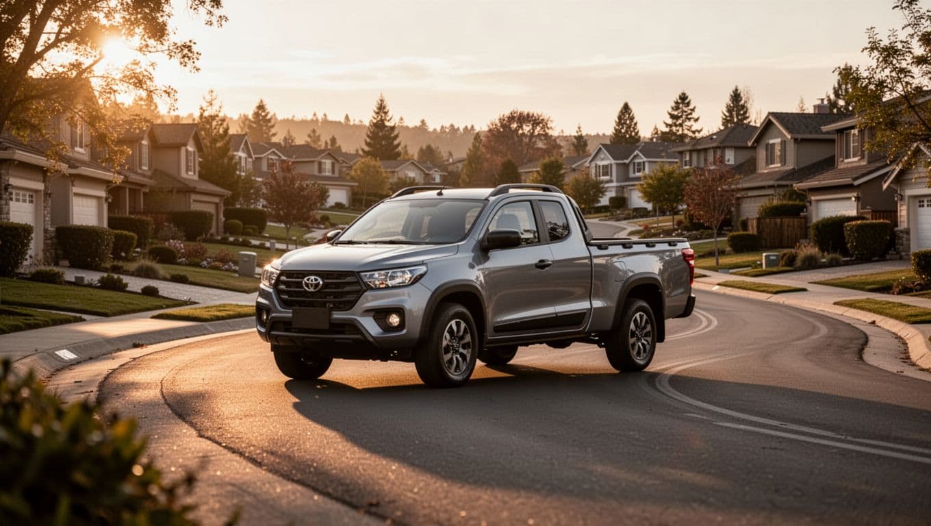 Hyundai Santa Cruz compact pickup truck driving smoothly on a winding suburban road during golden hour, captured from a low side angle in realistic photography style with sharp details and natural depth of field.