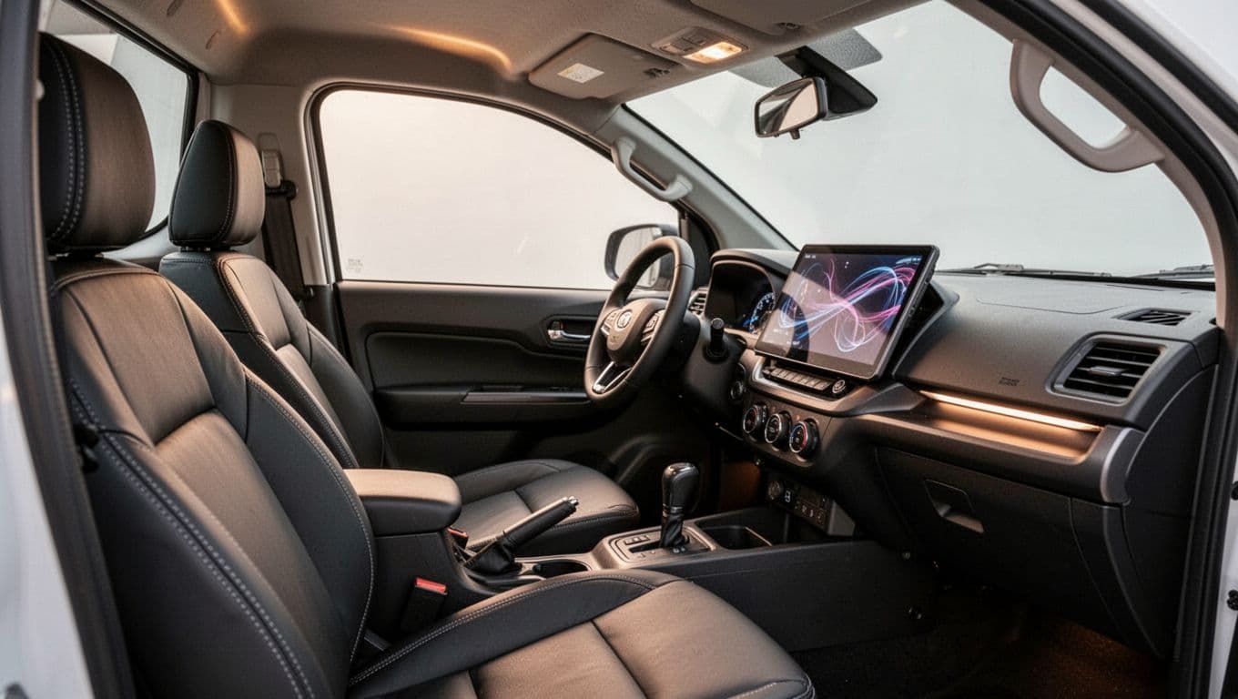 Modern interior cabin of a Hyundai Santa Cruz compact truck from the driver's perspective, showcasing comfortable leather seats, a large infotainment screen, and clean layout with physical knobs under soft ambient lighting.