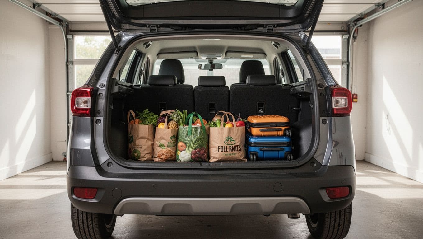 Hyundai Venue cargo area with rear seats folded down, loaded with grocery bags and small luggage to showcase practical space in a well-lit garage.