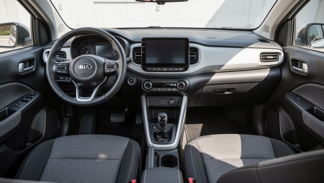 Interior of Hyundai Venue dashboard and front seats in a simple modern cabin with 8-inch touchscreen visible at an angle, practical storage bins, cloth seats, and bright natural light from the window.