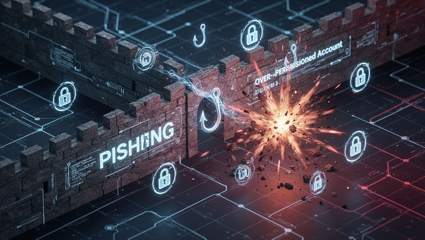 Digital fortress wall blocking phishing hooks, sneaky insider figure, and exploding over-permissioned account icons in a cyber network environment, isometric 3D style with blue and red lighting contrast.
