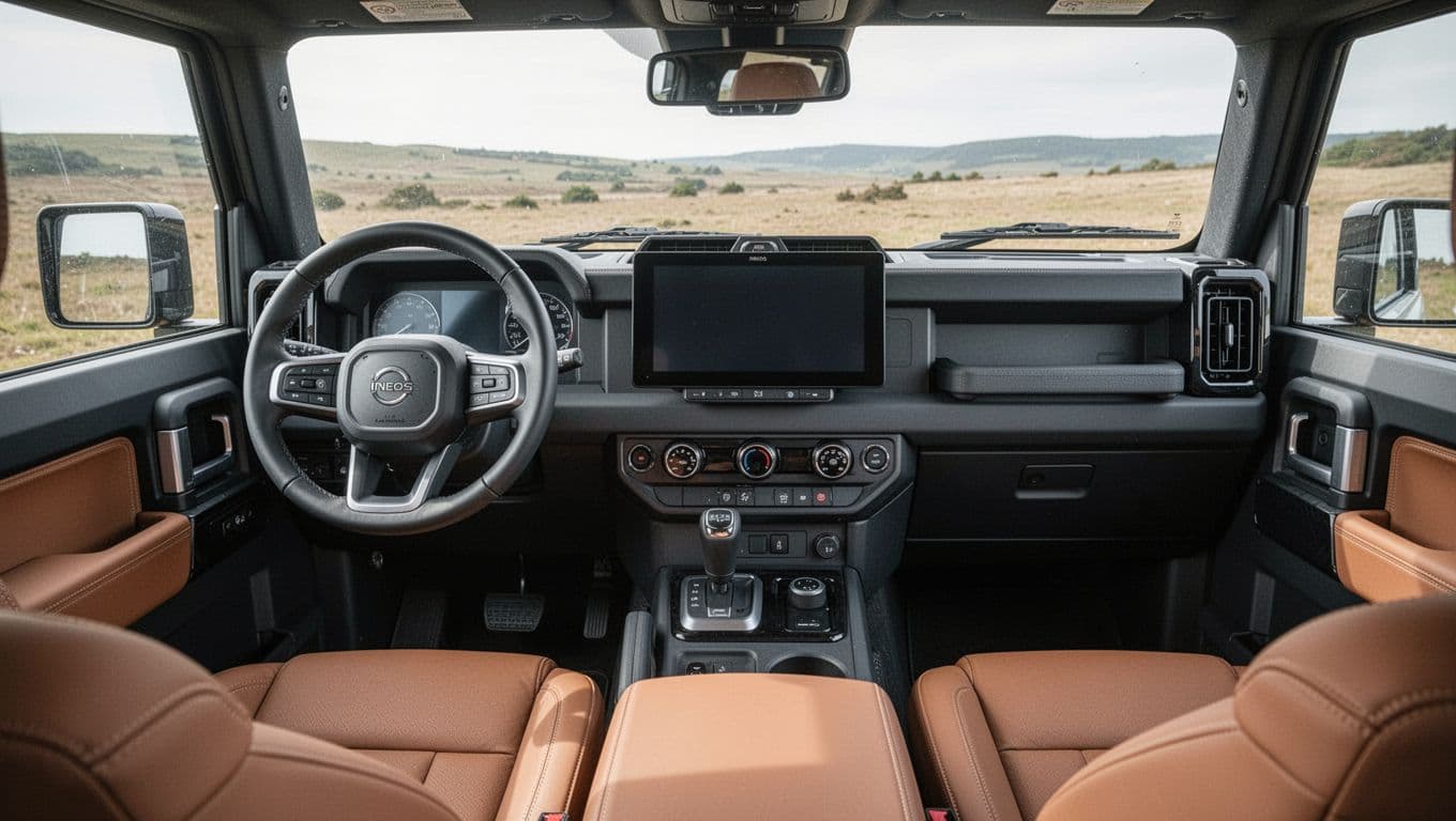 Modern Ineos Grenadier SUV interior dashboard featuring a 12.3-inch screen, simple controls, leather seats, and natural cabin lighting from the driver's view. Photorealistic image focusing on tech and simplicity with no people, text on screen, or logos.