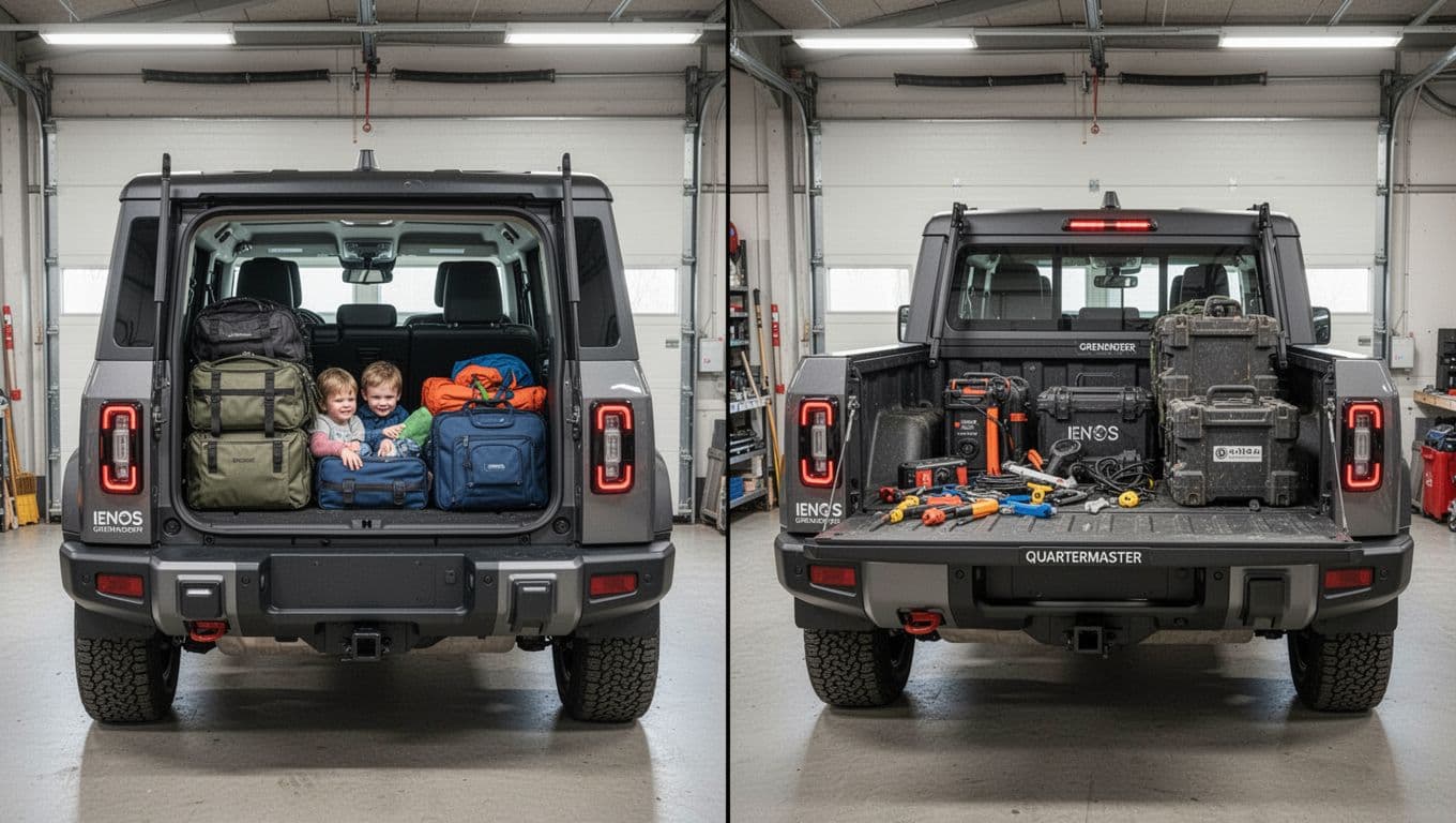 Side-by-side garage comparison of Ineos Grenadier SUV rear cargo area packed with gear, luggage, and family items in enclosed space versus Quartermaster truck open bed loaded with tools and bulky equipment. Photorealistic with bright indoor lighting, no people, text, or logos.