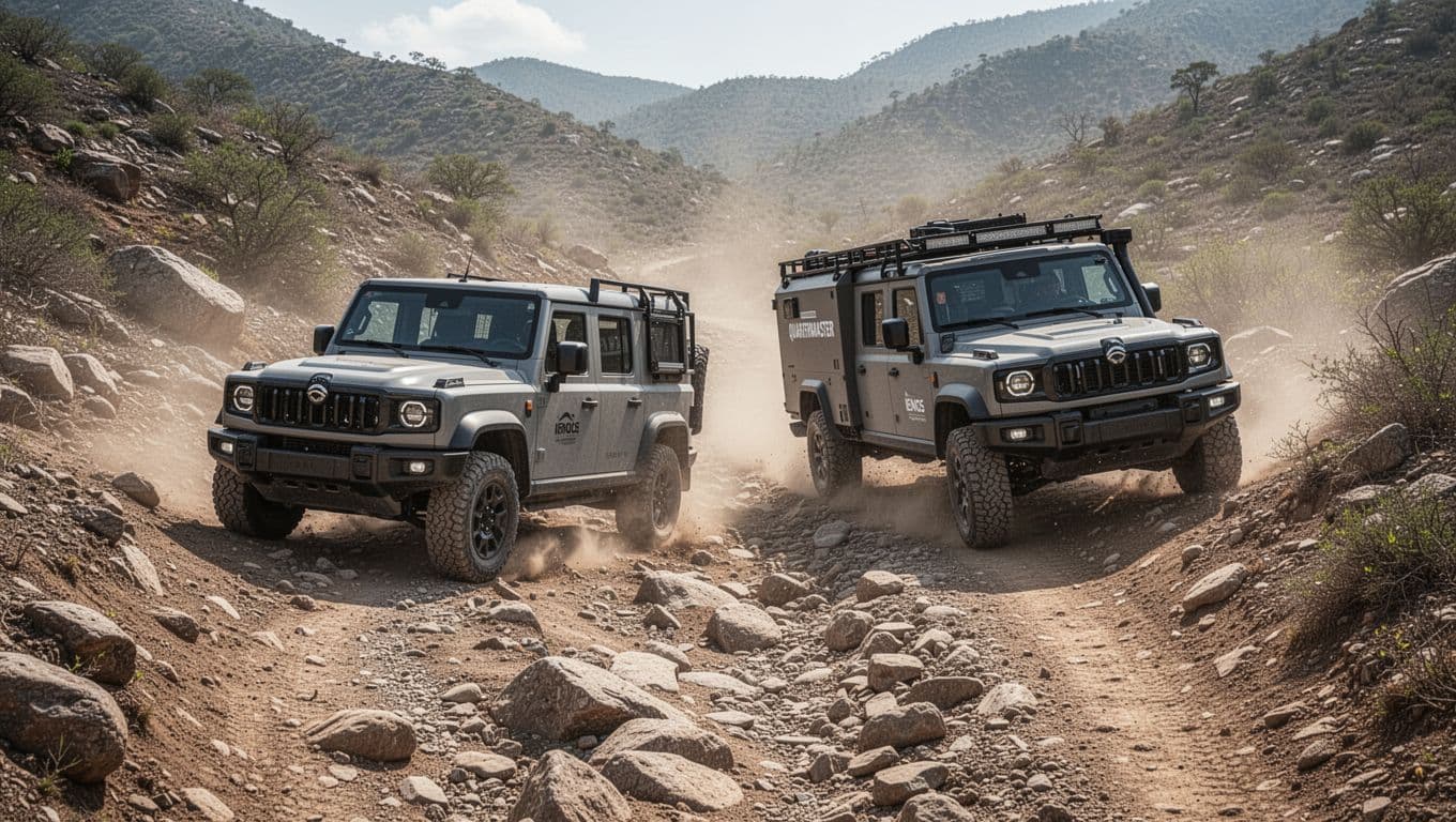 Rugged Ineos Grenadier SUV and Quartermaster truck side by side climbing a steep rocky off-road trail in a dusty environment, wide landscape composition under natural daylight.