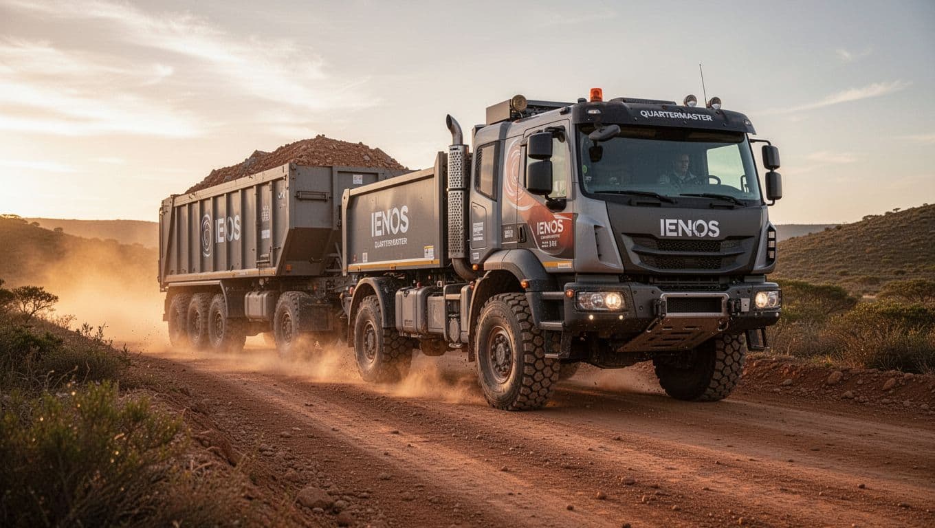 Ineos Quartermaster truck towing a heavy trailer on a dirt road through rugged terrain, captured in an action shot from a low angle during golden hour lighting in realistic photo style.